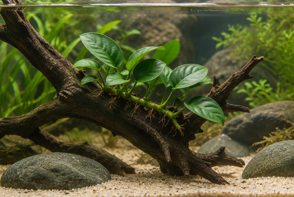 Anubias Nana attached to driftwood in a low-tech aquarium, its rhizome resting on the wood above the sand