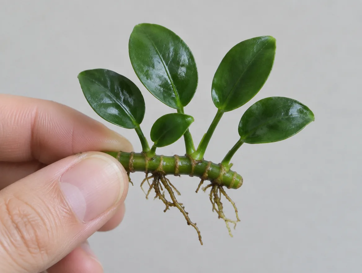 Close-up of an Anubias Nana held in the fingers, showing the firm green rhizome, short leaf stalks and wiry roots