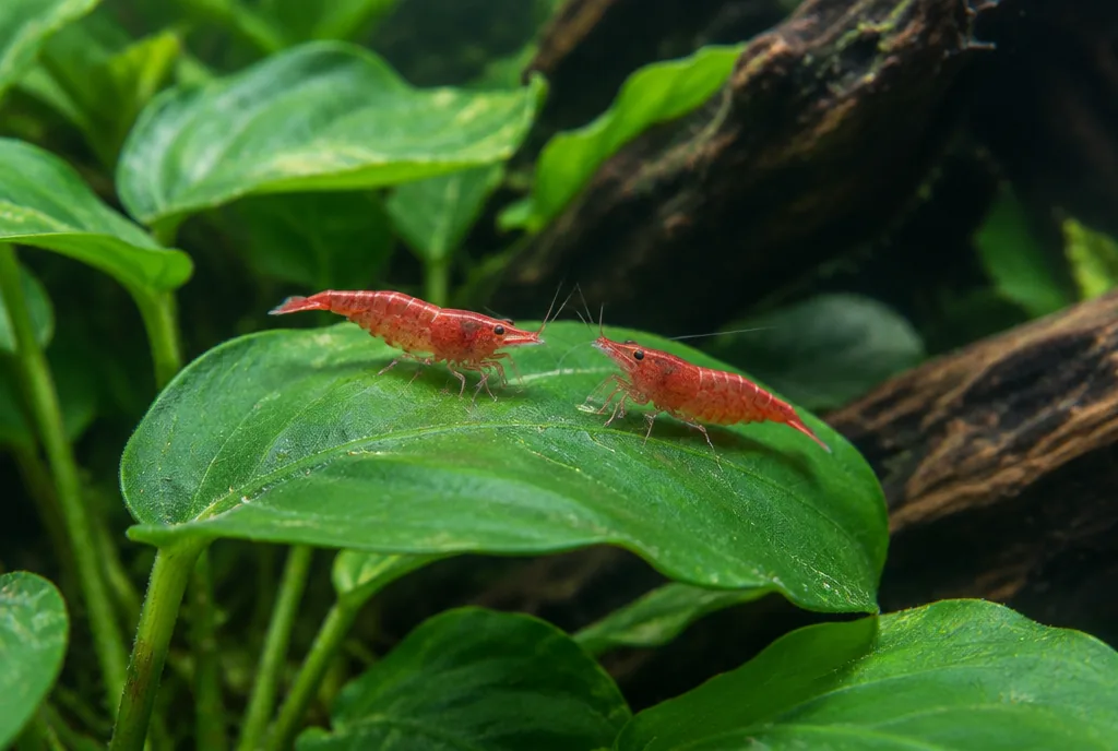 Cherry shrimp resting on an Anubias leaf, showing how Anubias gives shrimp cover and a grazing surface