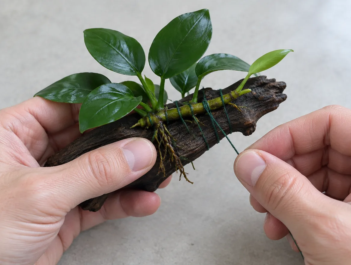 Hands tying an Anubias Nana to driftwood with dark green cotton thread wrapped around the rhizome