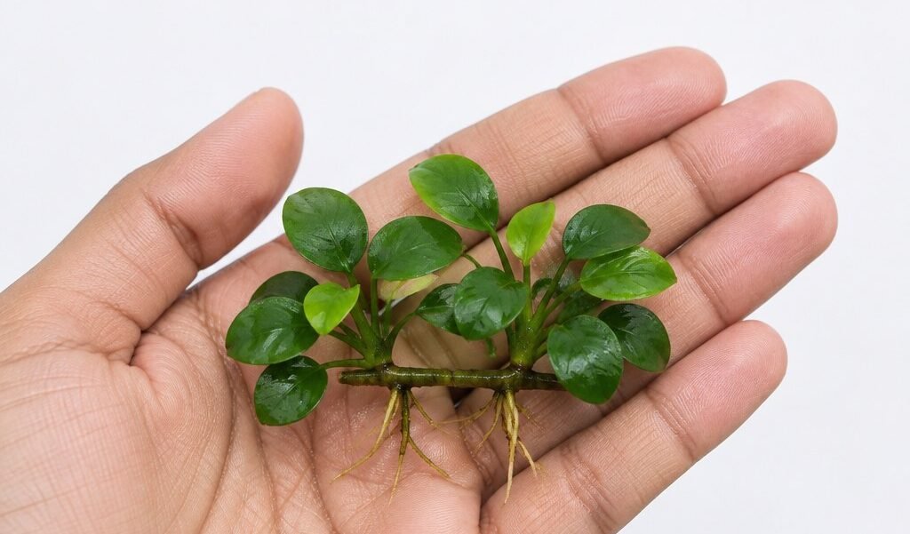 Anubias Nana Petite aquarium plant — Large (L) clump, held in hand for scale
