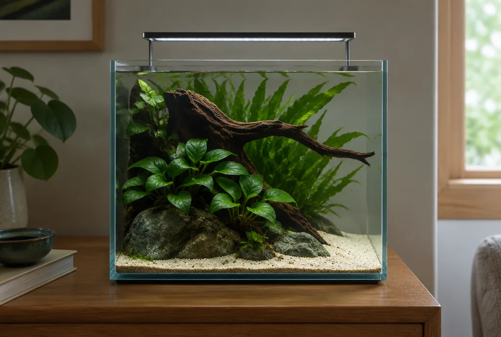 Anubias growing in partial shade under driftwood in a gently lit nano tank