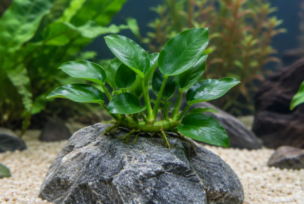 A healthy Anubias Nana on a rock with firm dark green leaves and its rhizome above the sand