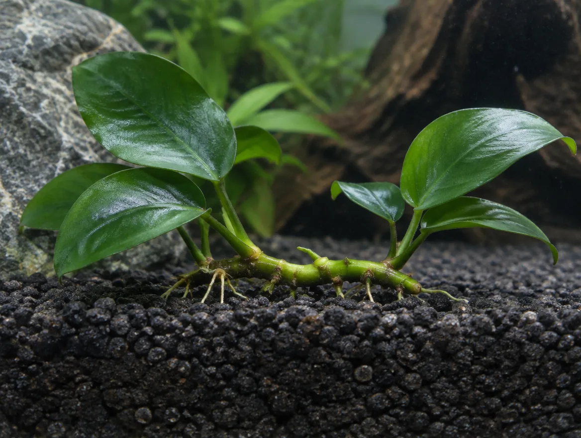 Anubias rhizome sitting on top of the gravel with only the roots going into it