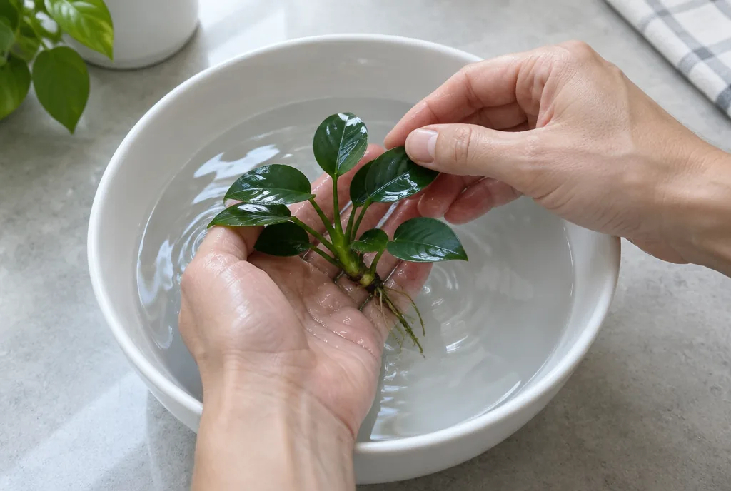 Rinsing a new Anubias in a bowl of clean water before planting