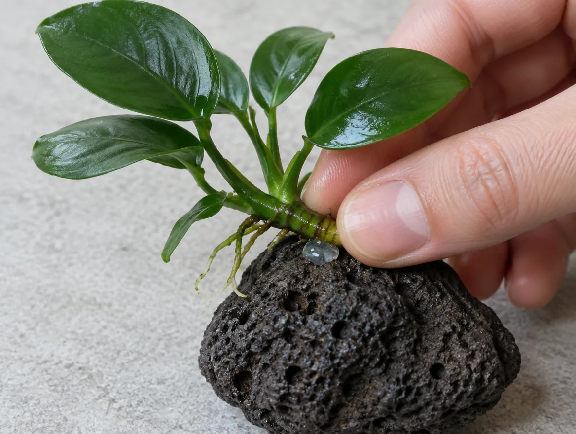 Pressing an Anubias rhizome onto a lava stone with a small dab of gel glue