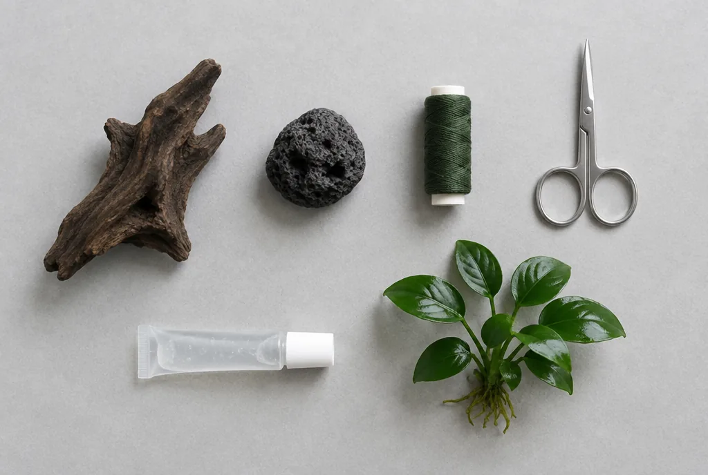 What you need to attach Anubias: driftwood, lava stone, cotton thread, scissors, gel glue and the plant