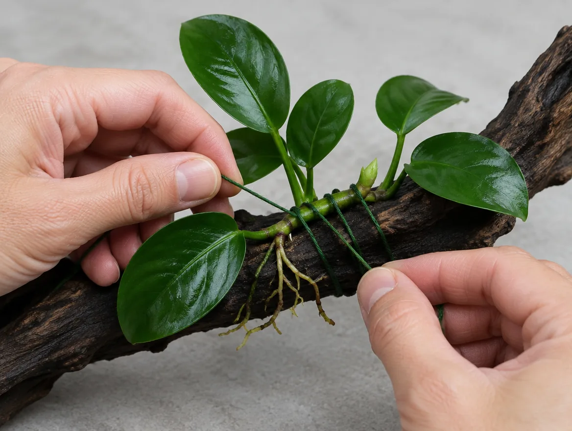 Knotting cotton thread around an Anubias rhizome to hold it on driftwood