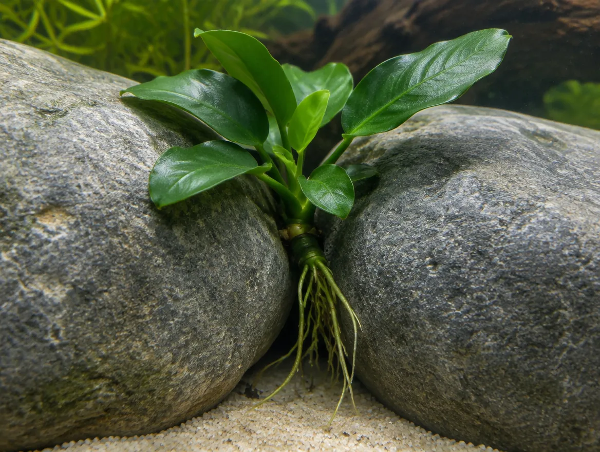 Anubias wedged into a gap between two stones with its rhizome above the sand