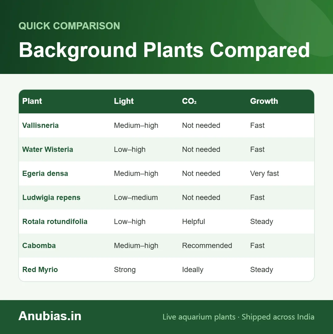 Chart comparing background aquarium plants by light, CO2 and growth