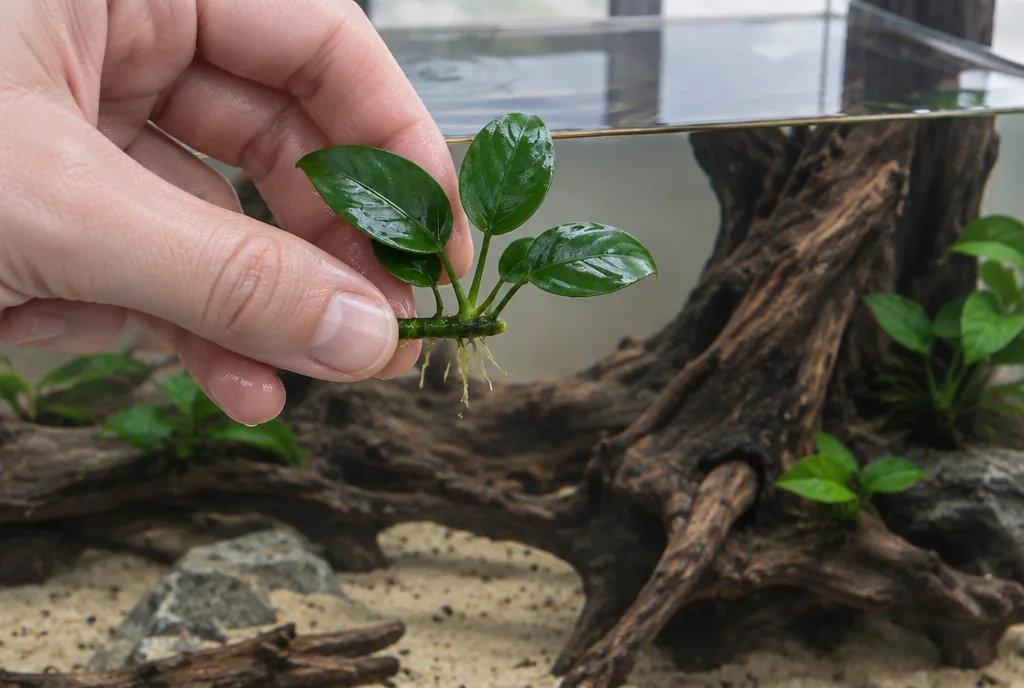 Holding a small Anubias by its rhizome before attaching it in a new tank