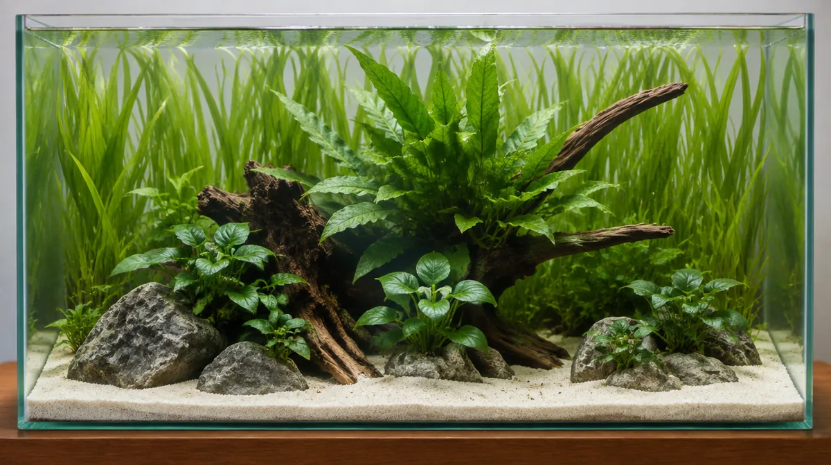 A beginner 60 cm tank with Vallisneria at the back, Java fern in the middle and Anubias in front