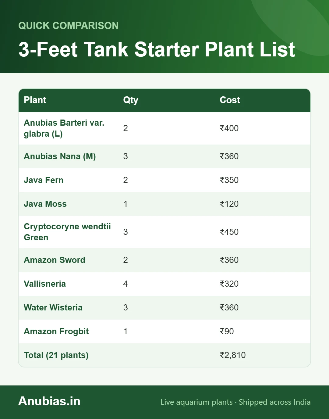 Starter plant list and cost for a 3-feet aquarium in India