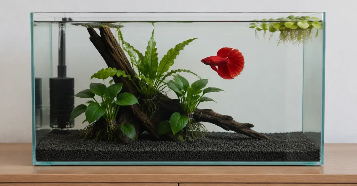 Planted betta tank with a red betta, Anubias and Java fern tied to driftwood, and floating frogbit