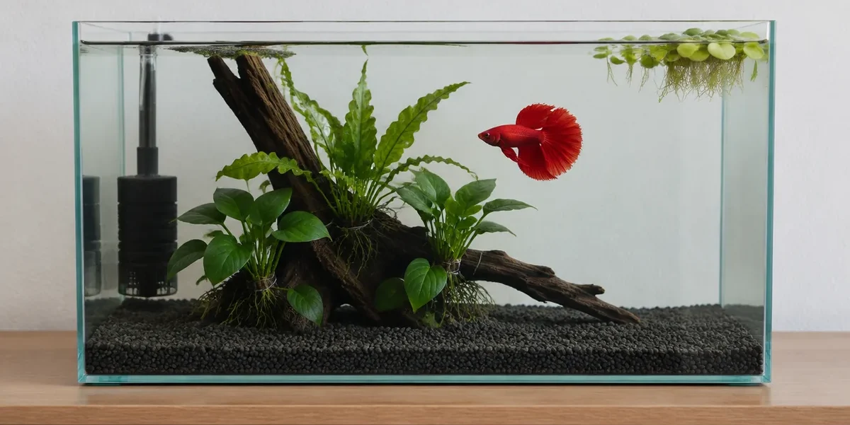 Planted betta tank with a red betta, Anubias and Java fern tied to driftwood, and floating frogbit
