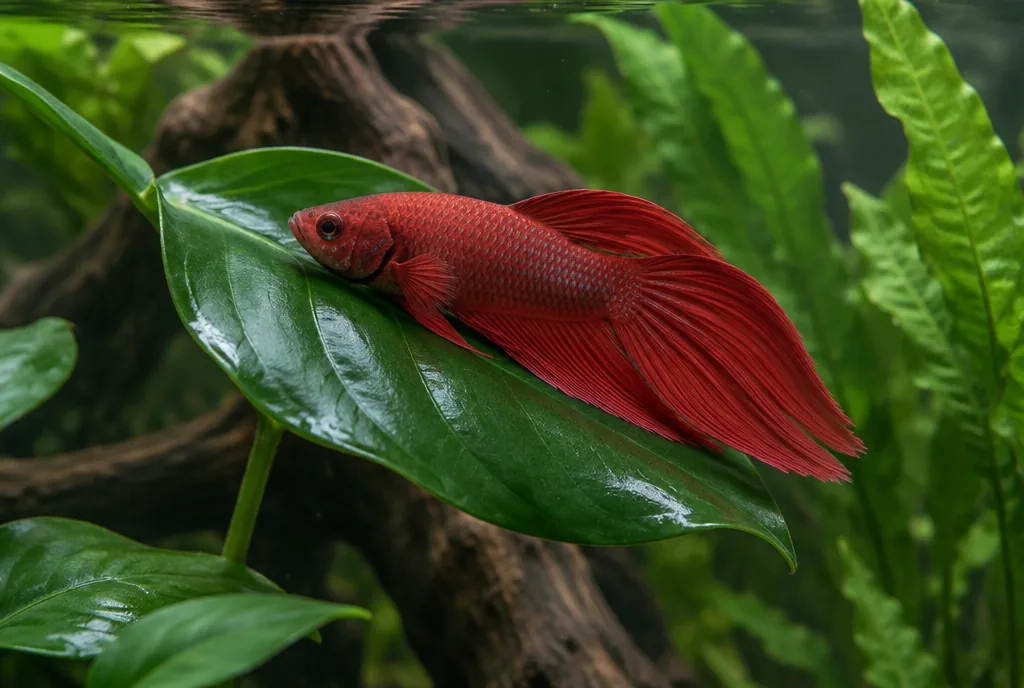 A betta resting on a broad Anubias leaf near the water surface