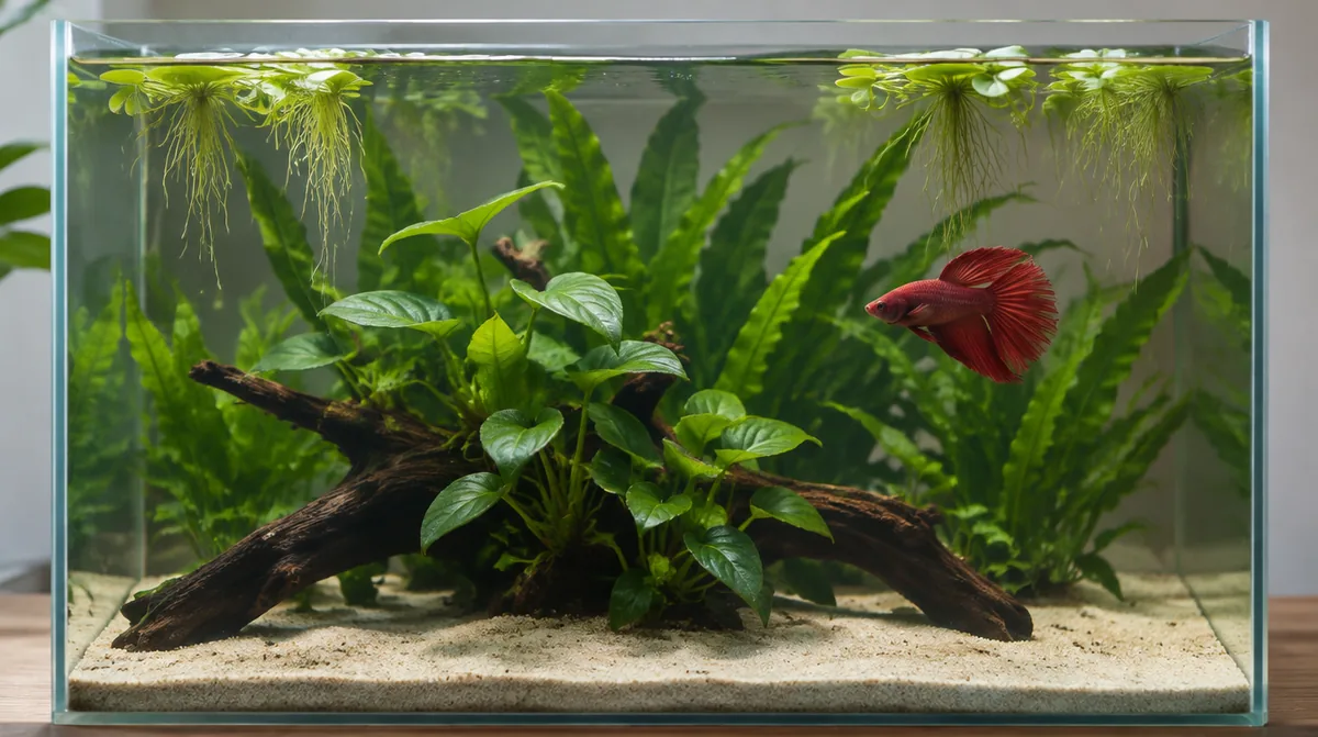 A 45 cm betta tank with Anubias on driftwood, Java fern at the back and frogbit on the surface