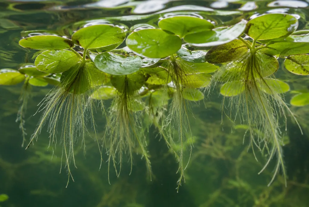 Amazon frogbit floating with trailing roots, seen from below the surface