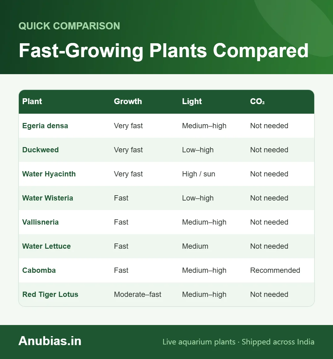 Chart comparing growth speed, light and CO2 needs of fast-growing aquarium plants