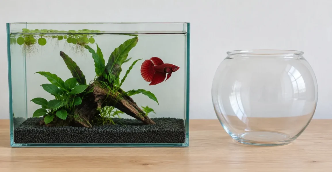 Red betta in a small planted tank next to an empty glass fishbowl