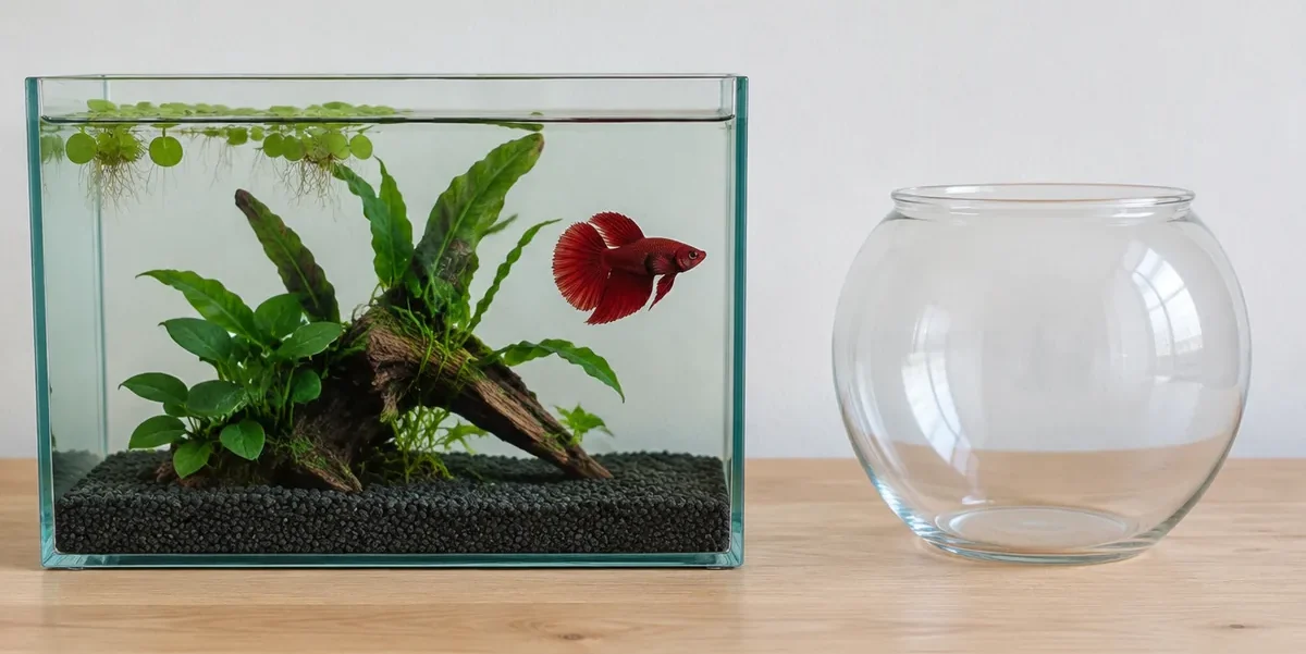 Red betta in a small planted tank next to an empty glass fishbowl