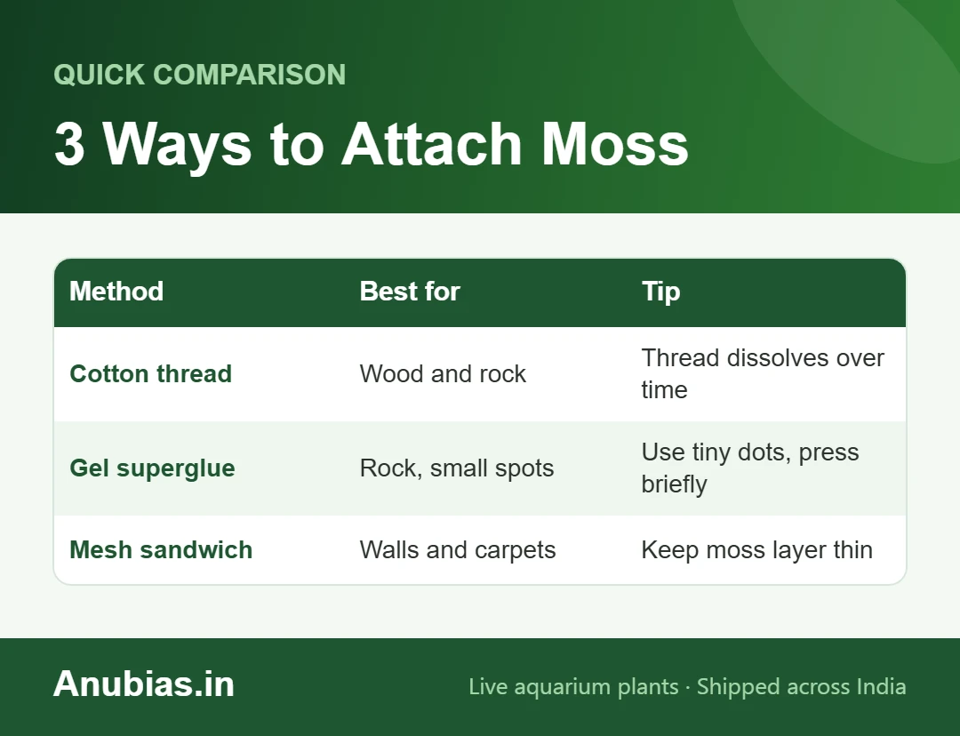 Chart of three ways to attach aquarium moss: cotton thread, gel superglue and mesh
