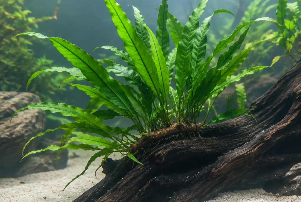 A Java fern attached to driftwood in a softly lit aquarium
