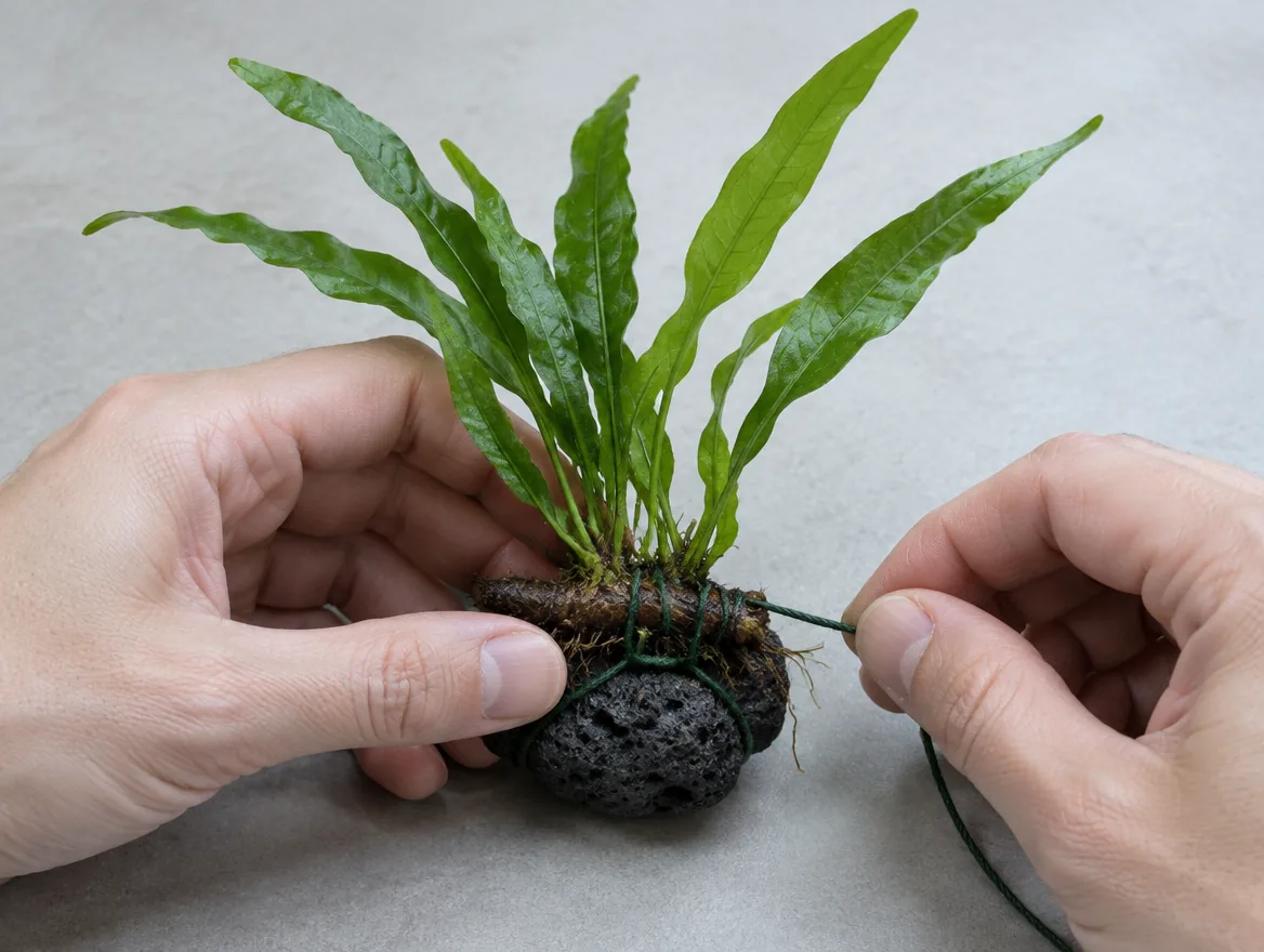 Tying a Java fern to a lava stone with cotton thread over the rhizome