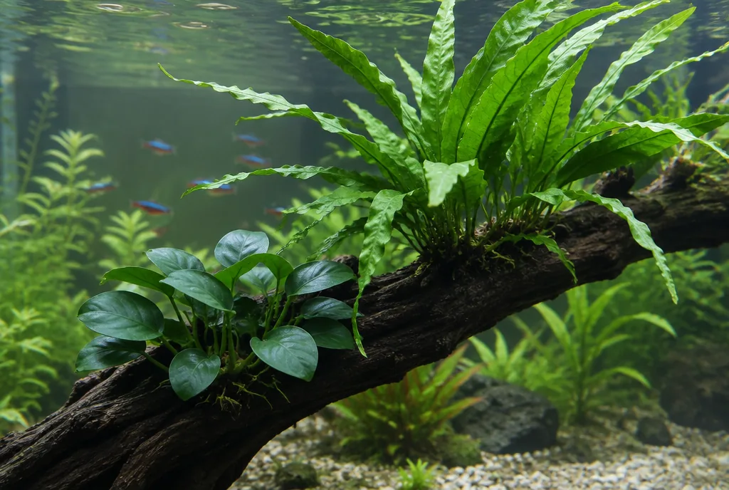 Anubias Nana and Java fern growing together on the same piece of driftwood