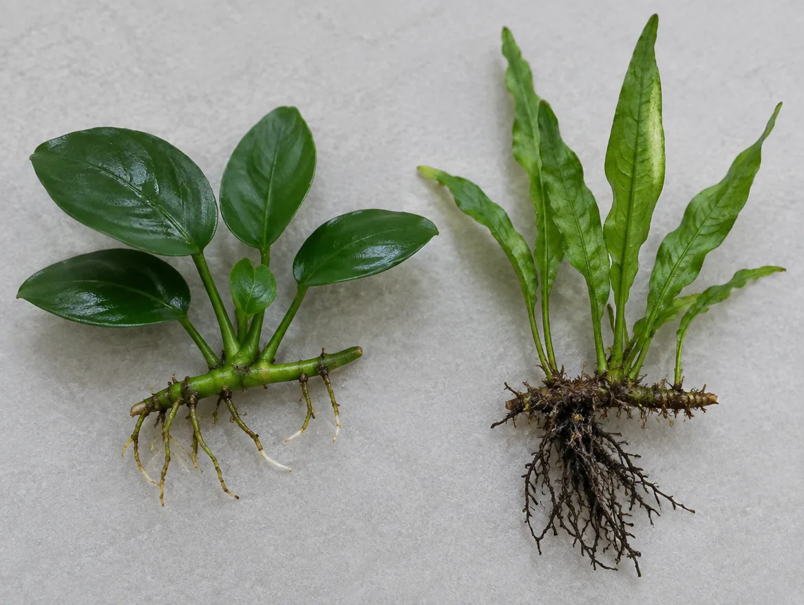 Anubias rhizome, smooth and green, next to a Java fern rhizome, brown and hairy