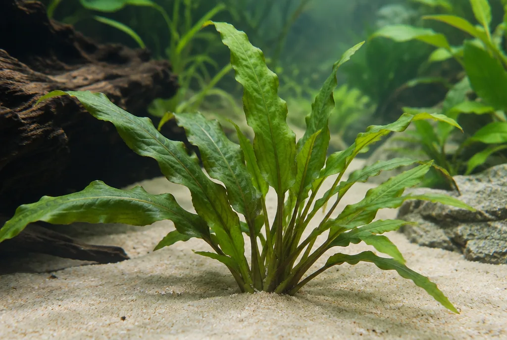 Cryptocoryne wendtii rooted in sand in a low-light tank