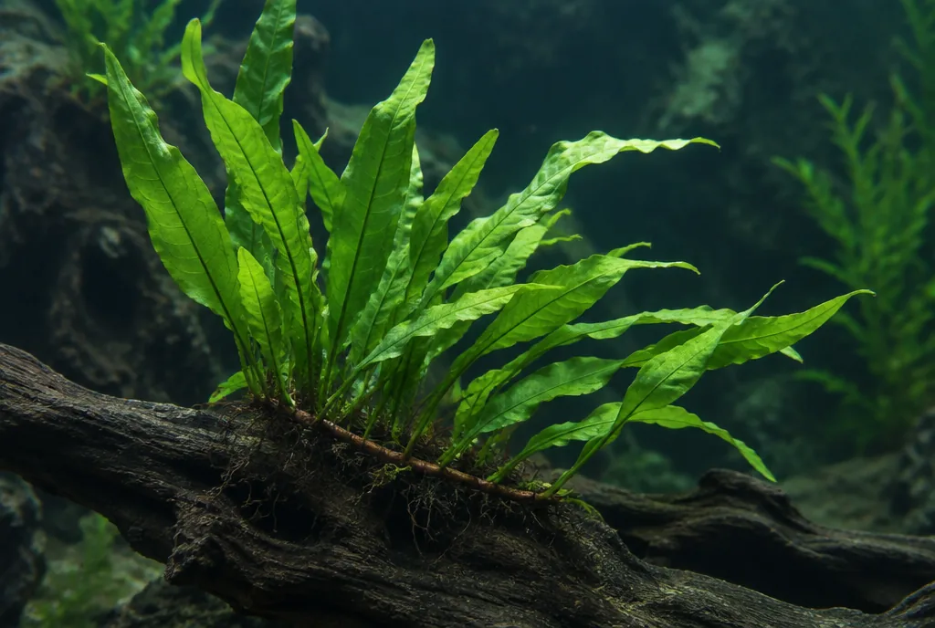 Java fern tied to driftwood with its brown rhizome on top of the wood