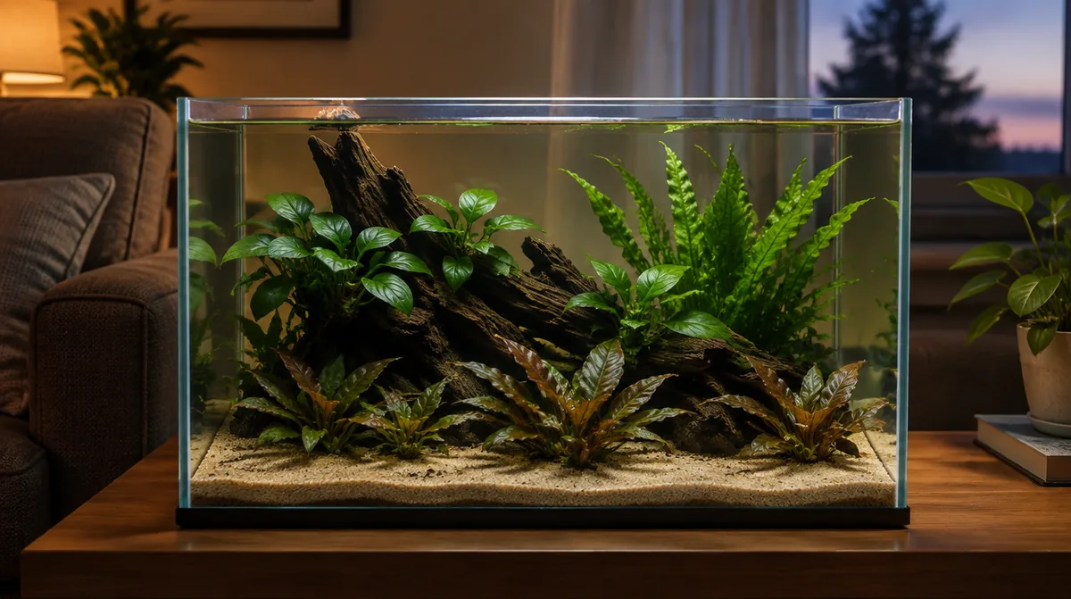 A softly lit low-tech aquarium with Anubias, Java fern and Cryptocoryne