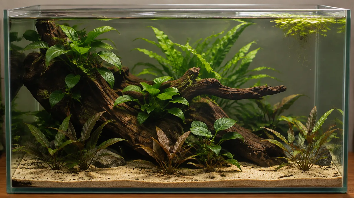 A planted aquarium that runs without CO2: Anubias, Java fern, Cryptocoryne and frogbit