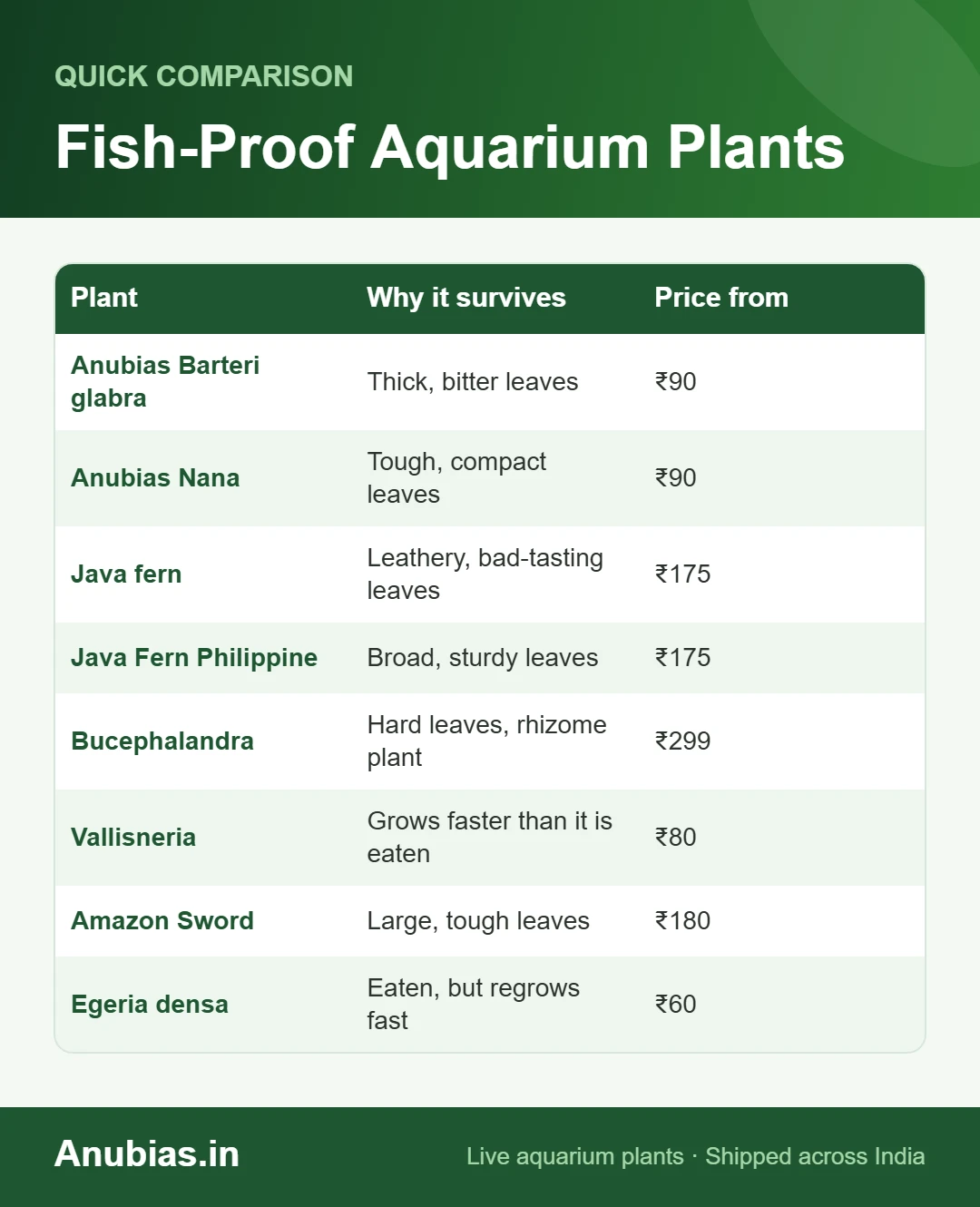Fish-Proof Aquarium Plants chart: Why it survives, Price from compared